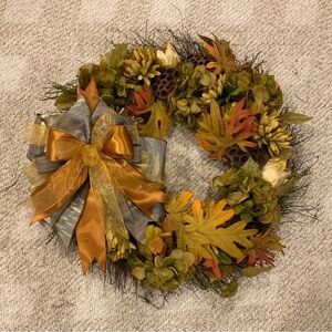 Fall Hydrangea & Oak Leaf Wreath with Gold Ribbon